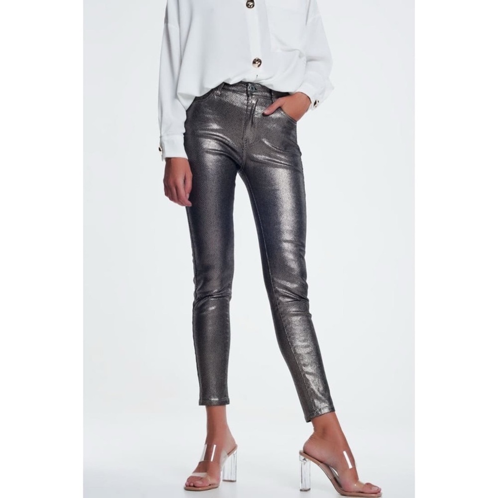 Alice + Olivia Emma Silver Metallic Coated Jeans